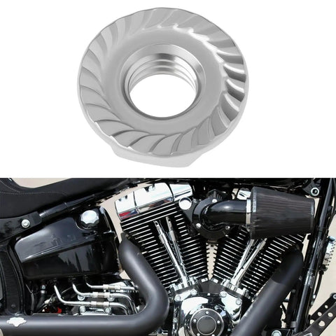 Premium Heavy Duty 4 Pack 5/16 24 Unf Stainless Steel Hex Flange Nuts Direct Swap Fit For Harley Davidson Big Twin Exhaust Manifolds close-up view of a single nut with detailed grooves.