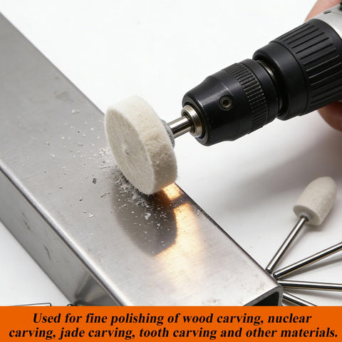 185 Piece Wool Felt Polishing Kit with sanding drum in use on metal surface with rotary tool for rust removal and surface shine
