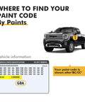 GMC Black GBA Touch Up Paint Kit For Cars guide showing paint code location on Silverado with VIN tips