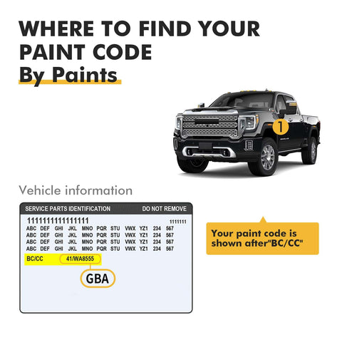 GMC Black GBA Touch Up Paint Kit For Cars guide showing paint code location on Silverado with VIN tips