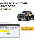 Image showing GMC truck with guide to find paint code for Summit White GAZ Car Touch Up Paint For GMC 2 In 1 Premium Scratch Remover Pen.