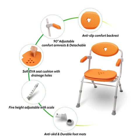 One Click Folding Shower Chair with EVA cushioned seat, adjustable arms and legs, aluminum frame, ideal for seniors and disabled.