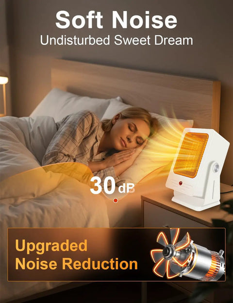 Portable Indoor Space Heater That Heats Up Fast With 2 Second Rapid Heat From PTC Ceramic Tech 60 Degree Adjustable Angle Lightweight Personal Heater For Home Office Room Quiet Small Electric Heater White next to sleeping person