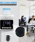 Foolproof Plug And Play Time Clock With Secure Passcode Lock For Small Business Featuring Auto Align Punch Machine Plus Fifty Ready To Go Cards And Zero Hassle Ink Ribbon For Stress Free Payroll on office wall.