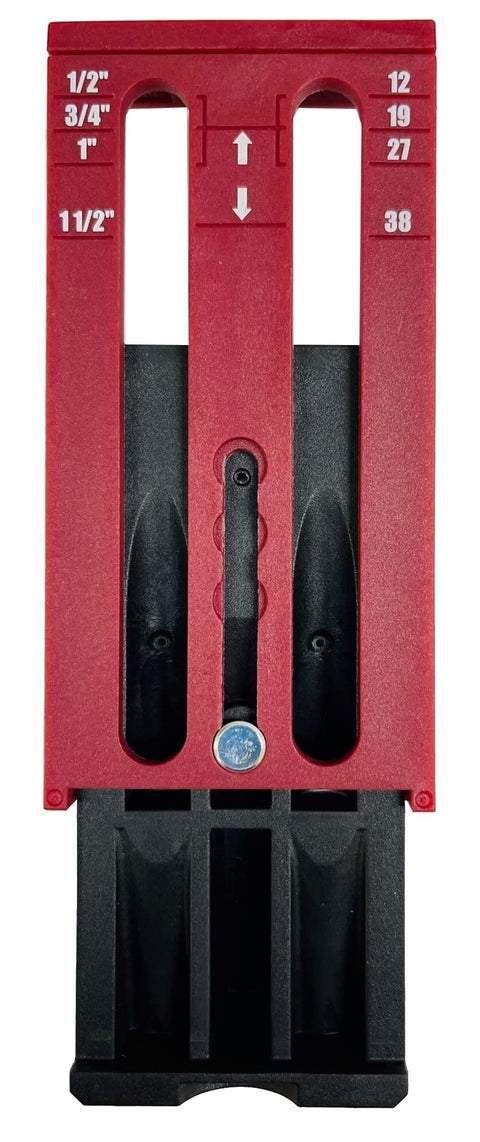 Twin Pocket Hole Jig Kit System 200 with built-in imperial and metric scales for woodworking projects, front view.