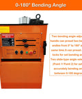 Heavy Duty Electric Rebar Bender Cutter With One Quarter Inch Max Diameter For Concrete Jobs showing 0-180° bending angle adjustments.