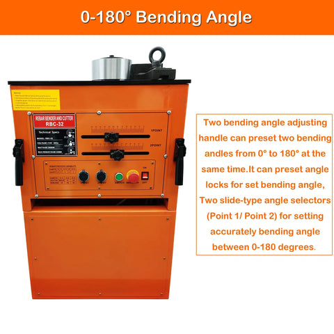 Heavy Duty Electric Rebar Bender Cutter With One Quarter Inch Max Diameter For Concrete Jobs showing 0-180° bending angle adjustments.