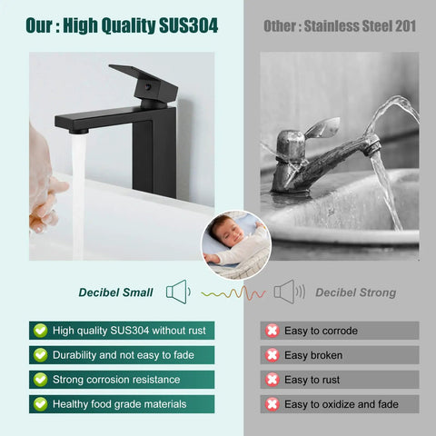 Dope Matte Black Vessel Sink Faucet With Tall Body, Single Hole Deck Mount, SUS304 Stainless Steel Bathroom Vanity Mixer Tap comparison