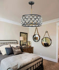 17.8 Inch Crystal Chandelier Pendant Light With Large Round Black Metal Frame And Crystal Ball Orbs in bedroom with mirrors
