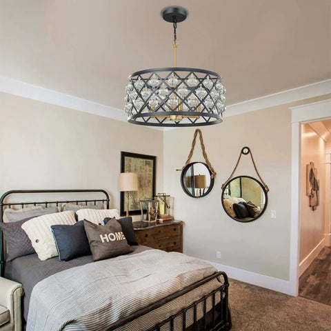 17.8 Inch Crystal Chandelier Pendant Light With Large Round Black Metal Frame And Crystal Ball Orbs in bedroom with mirrors
