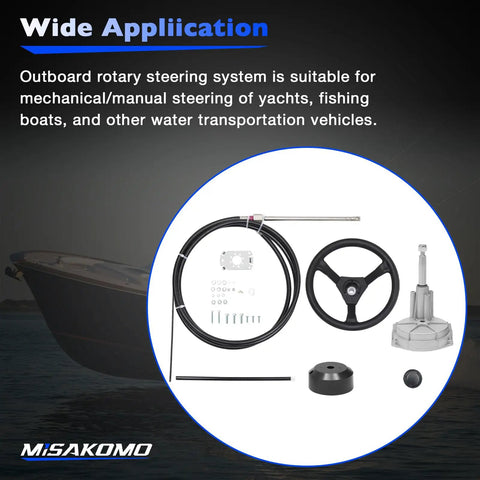 14 Ft Boat Steering Control Cable With 12.5 Inch Wheel Rotary Outboard System Kit shown with components and boat silhouette.
