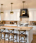 Gold Pendant Light Fixture With Frosted Glass Shade For Kitchen Island And Dining Room Modern Rod Hanging Lamp Adjustable Height To Set The Vibe In Any Bar Or Restaurant Setting Lighting With Warm Ambient Glow illuminating a kitchen.