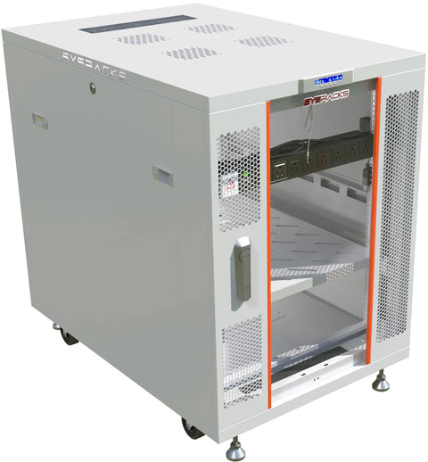 No Sweat 18U Floor Standing Server Rack In Gray At 35 Inch Depth Heavy Duty Network Cabinet with removable side panels and cooling fans.