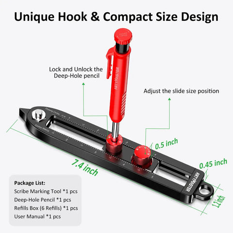 Slick Aluminum Alloy Scriber Tool With Dual Purpose Woodworking Compass And Circle Marking Gauge showing detailed features and size.