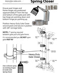 Installation instructions for Heavy-Duty Gate Closer, specifying gate parts and positioning for chain link fencing.