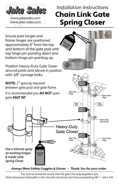 Installation instructions for Heavy-Duty Gate Closer, specifying gate parts and positioning for chain link fencing.