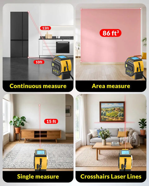 Skip The Hard Math With This Smooth 4 In 1 Laser Distance Meter Featuring Built In 16 Ft Tape And Dual Axis Level And Crosshair Sight For Zero Sweat Layouts On Backyard Sheds Or Tight Commercial Job Sites Where Precision Matters