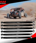 Heavy Duty Radius Arms Kit For X3 XRS XRC XMR 72 Inch Upper And Lower Turret Arms 6061 Aluminum 1040 Carbon Spacers Black Anodized Finish Improved Rigidity Over OEM Made In USA, six black radius arms for Can-Am X3