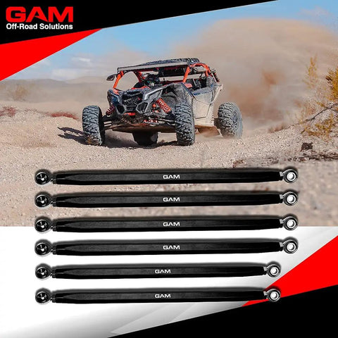 Heavy Duty Radius Arms Kit For X3 XRS XRC XMR 72 Inch Upper And Lower Turret Arms 6061 Aluminum 1040 Carbon Spacers Black Anodized Finish Improved Rigidity Over OEM Made In USA, six black radius arms for Can-Am X3
