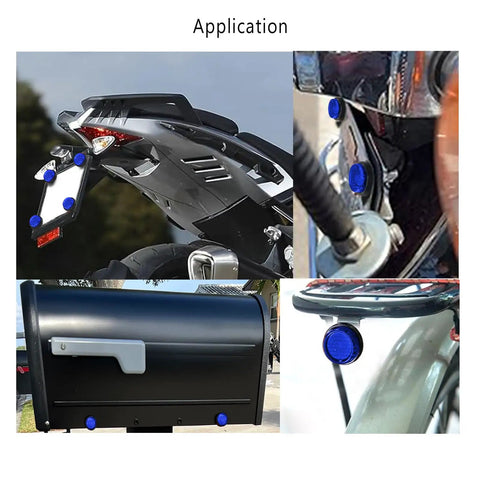 Deep Blue Reflector Motorcycle License Plate Bolts And Nuts Set shown on bike, mailbox, and trailer for versatile use.