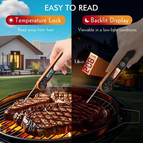 Digital Meat Thermometer With Backlight And Hold Calibration And Waterproof IP65 Fast 1 To 2 Second Temperature Read Ultra Accurate From -58F To 572F Ideal For Cooking Grilling Camping BBQ And Candy Making used on steak on grill.
