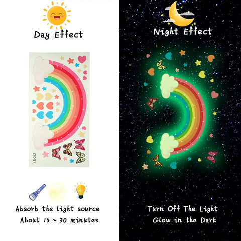 Glow in the Dark Large Rainbow Wall Decals with Stars Hearts and Butterflies Removable Watercolor Vinyl Sticker for Nursery Day Night Effect