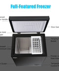 Compact 3.5 Cubic Foot Chest Freezer With Adjustable Thermostat, Super Sleek Mini Deep Freezer For Dorm Room Garage Or Apartment, Keep Your Food Straight Up Frozen With Zero Hassle Ever with open lid and features labeled.
