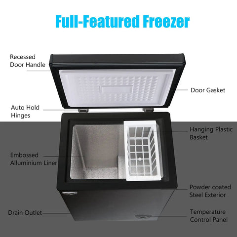 Compact 3.5 Cubic Foot Chest Freezer With Adjustable Thermostat, Super Sleek Mini Deep Freezer For Dorm Room Garage Or Apartment, Keep Your Food Straight Up Frozen With Zero Hassle Ever with open lid and features labeled.