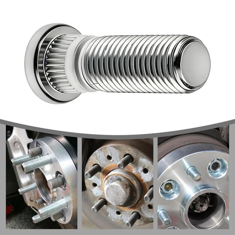 Top Grade M12x1.25 8 Pack Car Wheel Hub Bolt Studs And Nuts For Hyundai Kia, Heavy Duty 10 Point Steel Set With Triple Chrome Plating Keeps Rust At Bay For Serious Rides. Chrome wheel hub bolt stud with 10-point steel, M12x1.25, shown installed on car hub