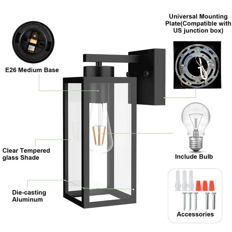 Two Pack Black Outdoor Wall Lanterns With Clear Glass Shade For Entryway Porch And Doorway Exterior Wall Sconces E26 Bulbs Included 2700K Dimmable With Compatible Dimmer, showing E26 base, aluminum frame, and included bulb