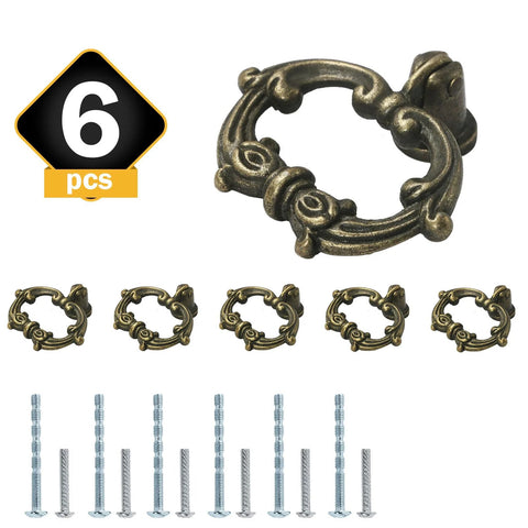Six Bronze Oval Drop Ring Drawer Pulls Set With Mounting Hardware For Dresser Cabinets And Cupboards, vintage style shown with screws