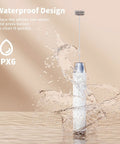 Rechargeable Milk Frother With 3 Heads, USB C Handheld Foam Maker, Waterproof Detachable Stainless Steel Whisk in water splash