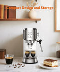 Heavy Duty 20 Bar Espresso Machine Boasts Pro Steam Frother And Brushed Stainless Body Includes 40 Oz Quick Fill Tank for smooth brewing.