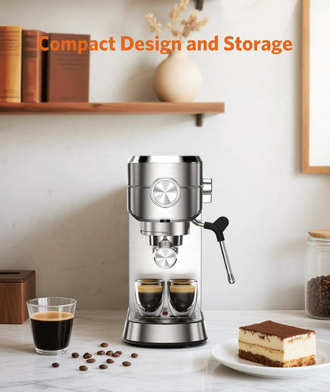 Heavy Duty 20 Bar Espresso Machine Boasts Pro Steam Frother And Brushed Stainless Body Includes 40 Oz Quick Fill Tank for smooth brewing.