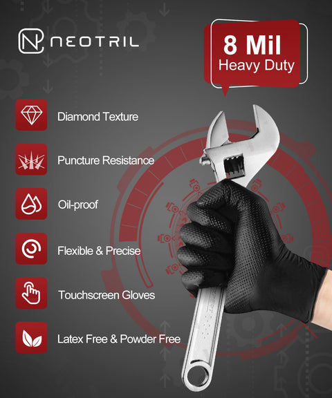8 Mil Heavy Duty Nitrile Gloves With Beefy Raised Diamond Texture Grip holding wrench for mechanics