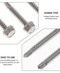Close-up of hexagon washer head screws from Stainless Steel Self Tapping Screws Set With Washer Head And Self Drilling Design Rust Resistant