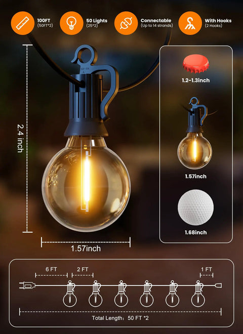 Close-up of 100 Feet Outdoor String Lights With 50 LED G40 Bulbs Plus 2 Spares Shatterproof Waterproof design details and measurements