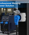 Pro Level Nema 10-50R Power Outlet Box 50 Amp 125-250V connected to a welding machine in a workshop.