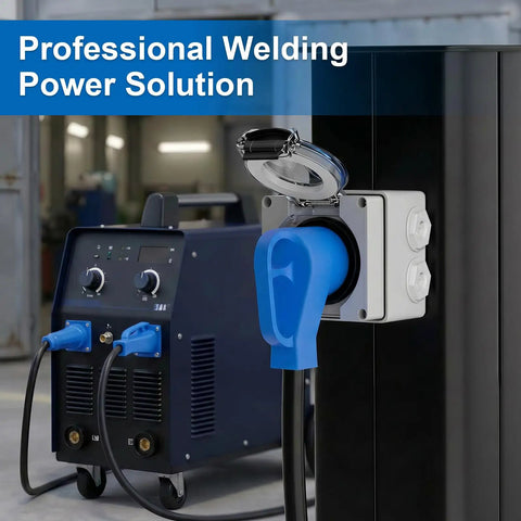 Pro Level Nema 10-50R Power Outlet Box 50 Amp 125-250V connected to a welding machine in a workshop.
