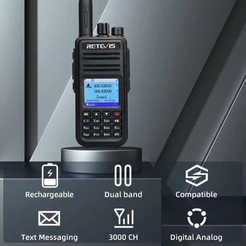 RT3S DMR Radio Dual Band Two Way Ham Radio With Cable OpenGD77 Support on display with menu screen and keypad visible.