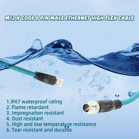 Beefy M12 X-Coded To RJ45 Cat6 Ethernet Cable IP67 Waterproof With Full Shielding For Industrial Vision Systems, 1M Length