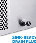 Portable Countertop Ice Maker Delivers 12 Bullet Ice Cubes in 7 Minutes, stainless steel sink-ready drain plug close-up