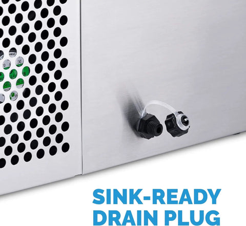 Portable Countertop Ice Maker Delivers 12 Bullet Ice Cubes in 7 Minutes, stainless steel sink-ready drain plug close-up