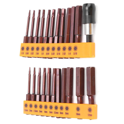 Durable 23 Piece Screwdriver Bit Set Made From Tough S2 Steel With Hex Heads And Double Ends For Electric Drills Plus Manual Tools To Get Any Hardware Job Done Fast Without Stripping Screws Or Wearing Out Your Gear., 23-piece S2 steel hex bit set with labeled metric and inch sizes in orange holders