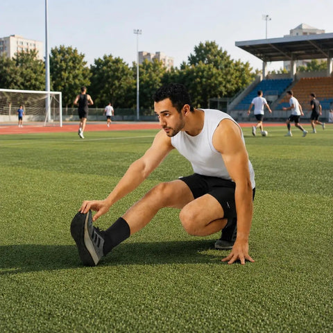 Man stretching with ankle brace for men and women with adjustable compression sleeve and wrap ion matrix support for sprained ankle plantar fasciitis Achilles tendonitis relief breathable running and sports gear all day comfort.