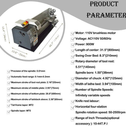 Badass Precision Benchtop Mini Lathe 900W Brushless Motor 8X31 Inch Travel Variable Speed 50 To 2500Rpm Mt5 Spindle Thread Cutting Knockout Performance Workshop Tool