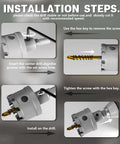 Carbide hole saw kit for metal, 19 pcs, sizes 1/2–2-1/8 in, titanium pilot with L-wrench, installation steps diagram