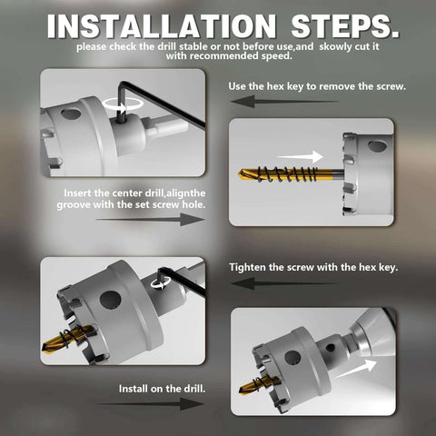 Carbide hole saw kit for metal, 19 pcs, sizes 1/2–2-1/8 in, titanium pilot with L-wrench, installation steps diagram
