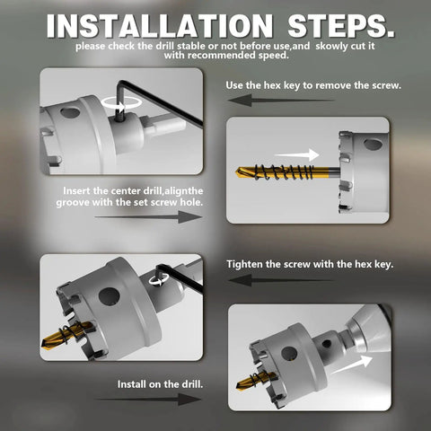 Installation steps for Heavy Duty Tungsten Carbide Tipped Hole Saw Set Five Eighths Inch Two Pack METOTY Brand