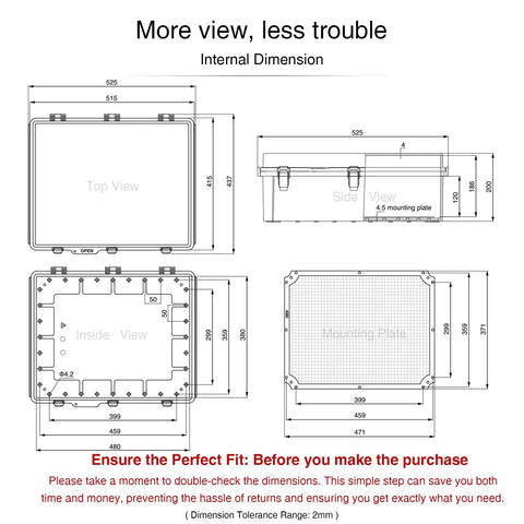Diagram of rugged outdoor electrical box weatherproof IP66 enclosure with dimensions 20.3, 16.4, and 7.9 inches